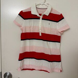 Tommy Hilfiger Red and Pink Striped Short Sleeve Polo